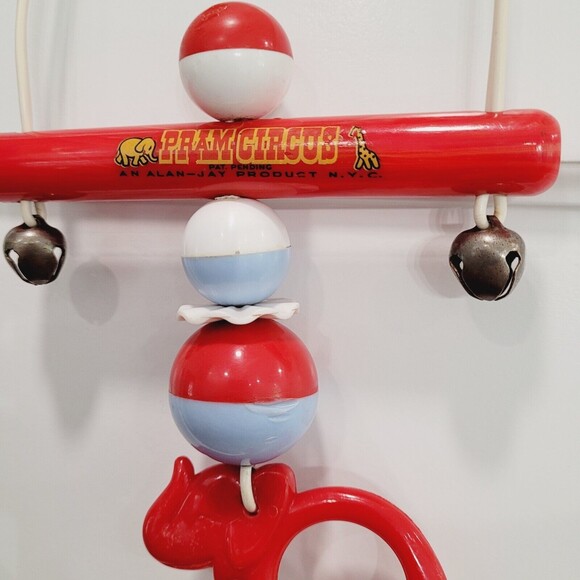 Bakelite Rattle Elephant Toy Crib Pram Circus Alan Jay Plastics Red Blue Vintage - Picture 13 of 16